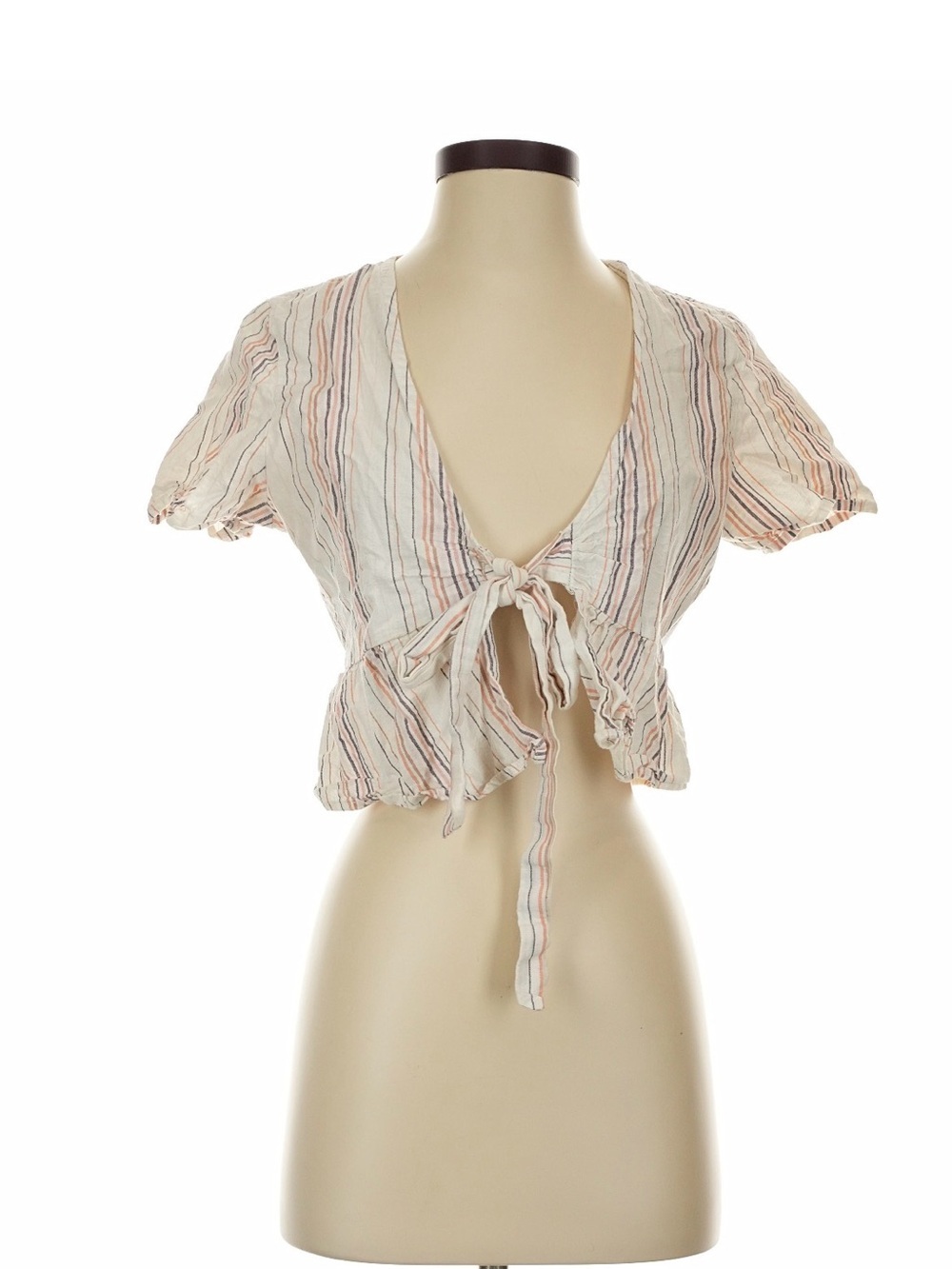 Lottie Moss Linen Blend Tie Front Crop Top | Ivory Striped Ruffle Blouse